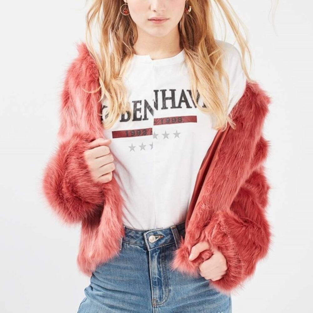 Oh My Love London Jacket Size XS Faux Fur Open Lust for Life Furry Rose Gold